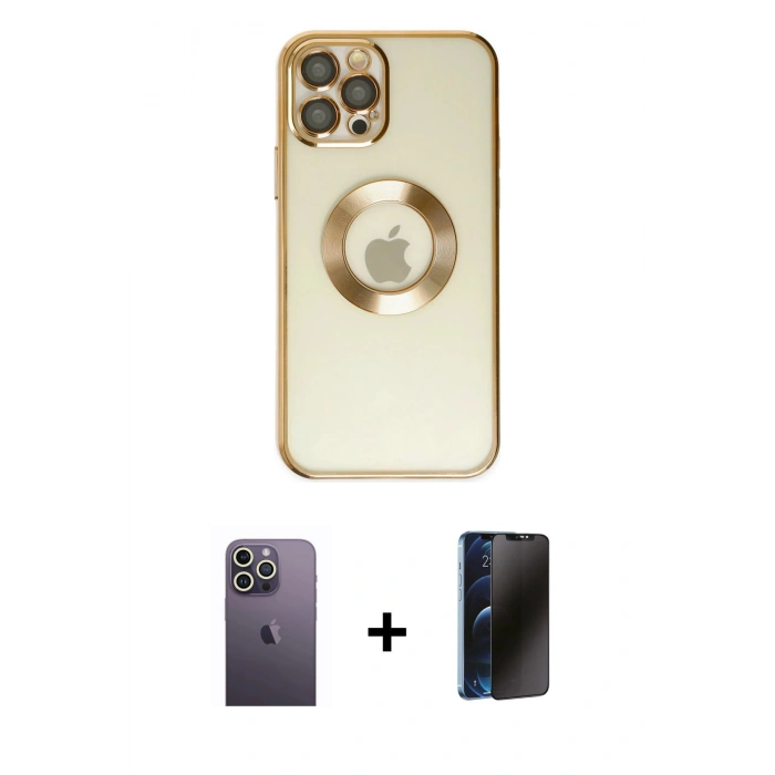 MARSİLYAN™- iPhone 12 Pro Kılıf Pusula Form - Siyah 3D Antistatik Hayalet Cam Ekran Koruyucu + Neon Fosforlu Kamera Lens - BZ