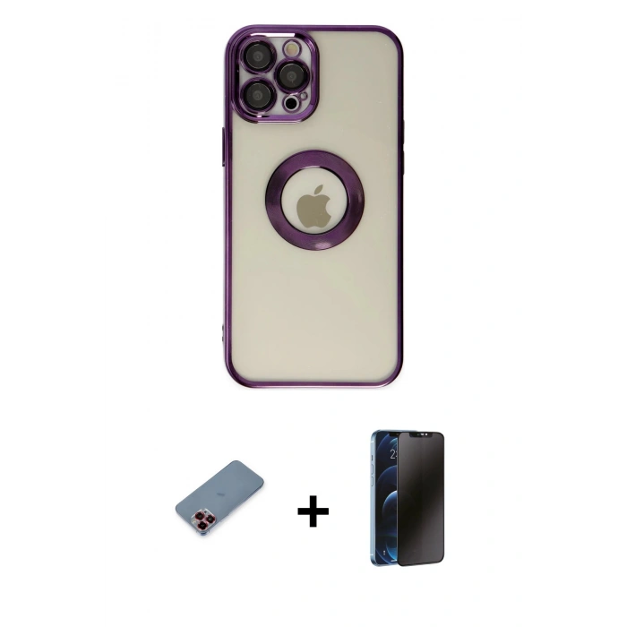 MARSİLYAN™- iPhone 12 Pro Kılıf Pusula Form - Siyah 3D Antistatik Hayalet Cam Ekran Koruyucu + Metal Kamera Lens Koruma Cam - KI