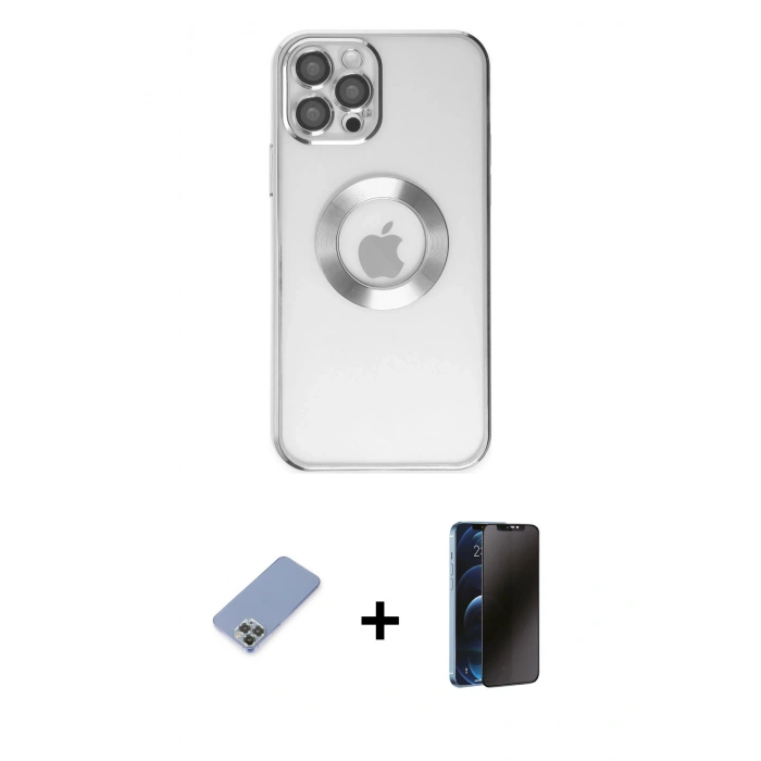 MARSİLYAN™- iPhone 12 Pro Kılıf Pusula Form - Siyah 3D Antistatik Hayalet Cam Ekran Koruyucu + Metal Kamera Lens Koruma Cam - KUYL