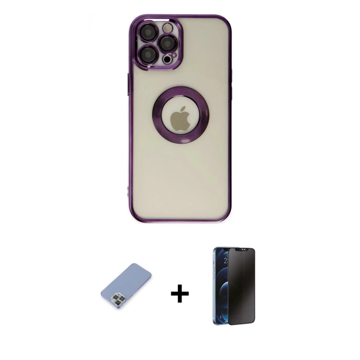MARSİLYAN™- iPhone 12 Pro Kılıf Pusula Form - Siyah 3D Antistatik Hayalet Cam Ekran Koruyucu + Metal Kamera Lens Koruma Cam - KUYL