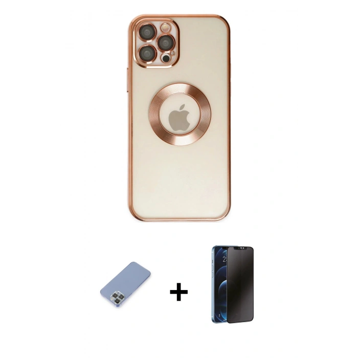 MARSİLYAN™- iPhone 12 Pro Kılıf Pusula Form - Siyah 3D Antistatik Hayalet Cam Ekran Koruyucu + Metal Kamera Lens Koruma Cam - KUYL