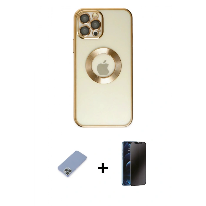 MARSİLYAN™- iPhone 12 Pro Kılıf Pusula Form - Siyah 3D Antistatik Hayalet Cam Ekran Koruyucu + Metal Kamera Lens Koruma Cam - KUYL