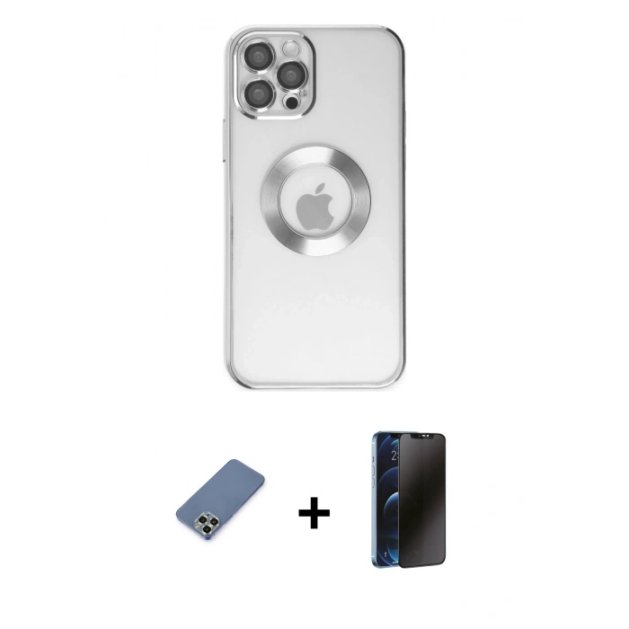 MARSİLYAN™- iPhone 12 Pro Kılıf Pusula Form - Siyah 3D Antistatik Hayalet Cam Ekran Koruyucu + Metal Kamera Lens Koruma Cam - AKYL