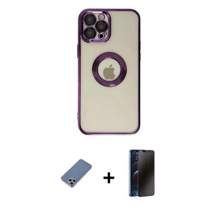 MARSİLYAN™- iPhone 12 Pro Kılıf Pusula Form - Siyah 3D Antistatik Hayalet Cam Ekran Koruyucu + Metal Kamera Lens Koruma Cam - AKYL