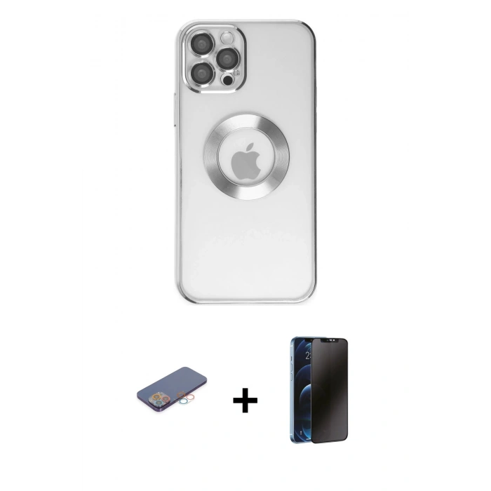 MARSİLYAN™- iPhone 12 Pro Kılıf Pusula Form - Siyah 3D Antistatik Hayalet Cam Ekran Koruyucu + Renkli Kamera Lens Koruma Cam - PE