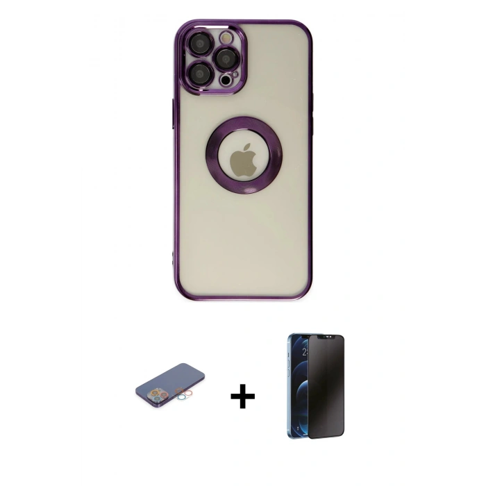MARSİLYAN™- iPhone 12 Pro Kılıf Pusula Form - Siyah 3D Antistatik Hayalet Cam Ekran Koruyucu + Renkli Kamera Lens Koruma Cam - PE