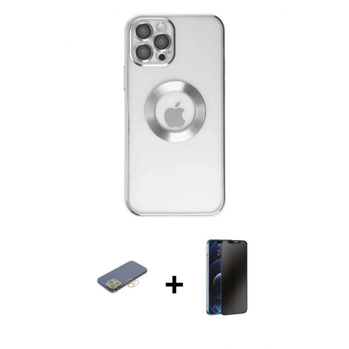 MARSİLYAN™- iPhone 12 Pro Kılıf Pusula Form - Siyah 3D Antistatik Hayalet Cam Ekran Koruyucu + Renkli Kamera Lens Koruma Cam - SI