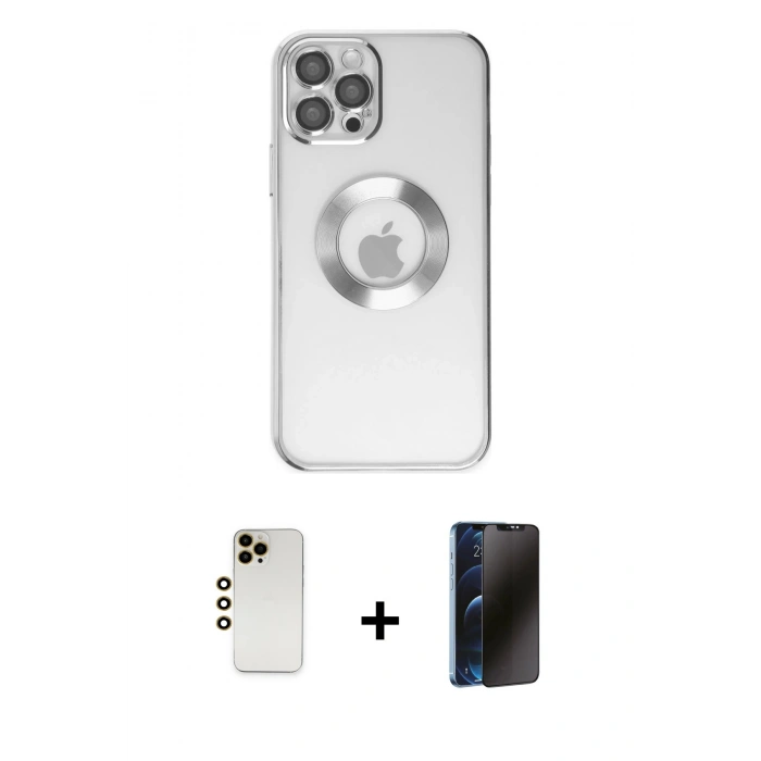 MARSİLYAN™- iPhone 12 Pro Kılıf Pusula Form - Siyah 3D Antistatik Hayalet Cam Ekran Koruyucu + Shine Kamera Lens - GD