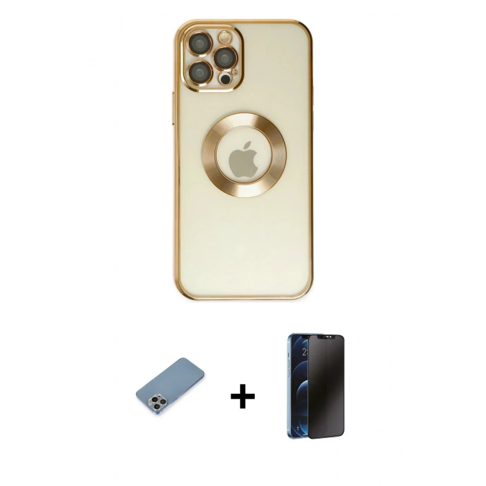 MARSİLYAN™- iPhone 12 Pro Kılıf Pusula Form - Siyah 3D Antistatik Hayalet Cam Ekran Koruyucu + Shine Kamera Lens Koruma Cam - GI