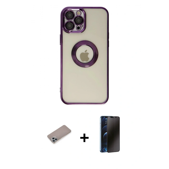 MARSİLYAN™- iPhone 12 Pro Kılıf Pusula Form - Siyah 3D Antistatik Hayalet Cam Ekran Koruyucu + Shine Kamera Lens Koruma Cam - SABE