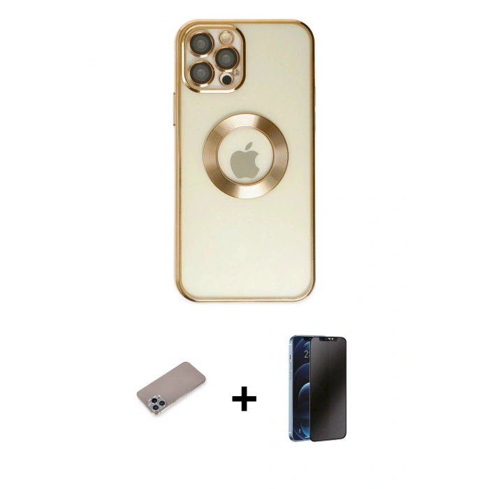 MARSİLYAN™- iPhone 12 Pro Kılıf Pusula Form - Siyah 3D Antistatik Hayalet Cam Ekran Koruyucu + Shine Kamera Lens Koruma Cam - SABE