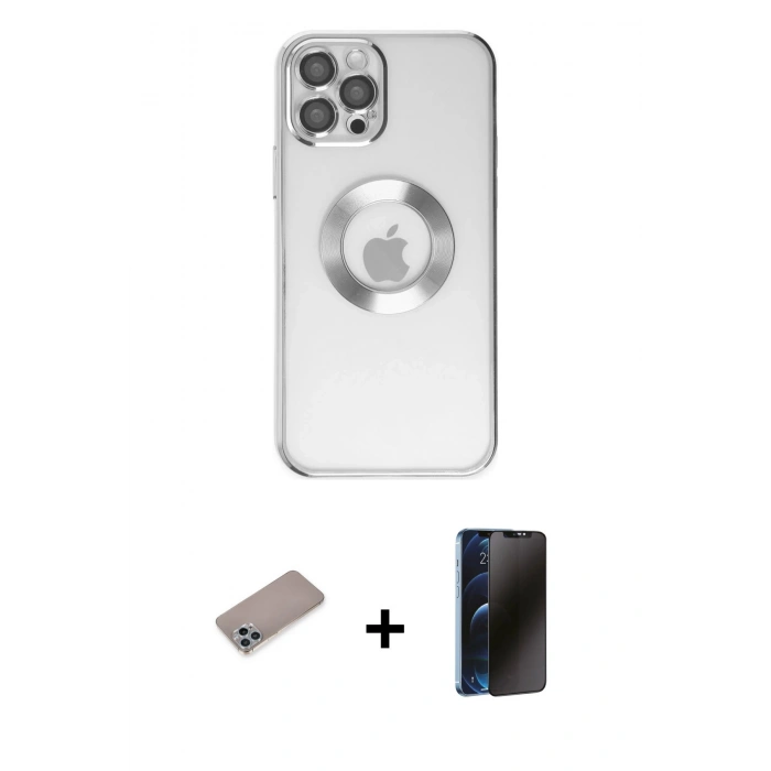 MARSİLYAN™- iPhone 12 Pro Kılıf Pusula Form - Siyah 3D Antistatik Hayalet Cam Ekran Koruyucu + Shine Kamera Lens Koruma Cam - SABE