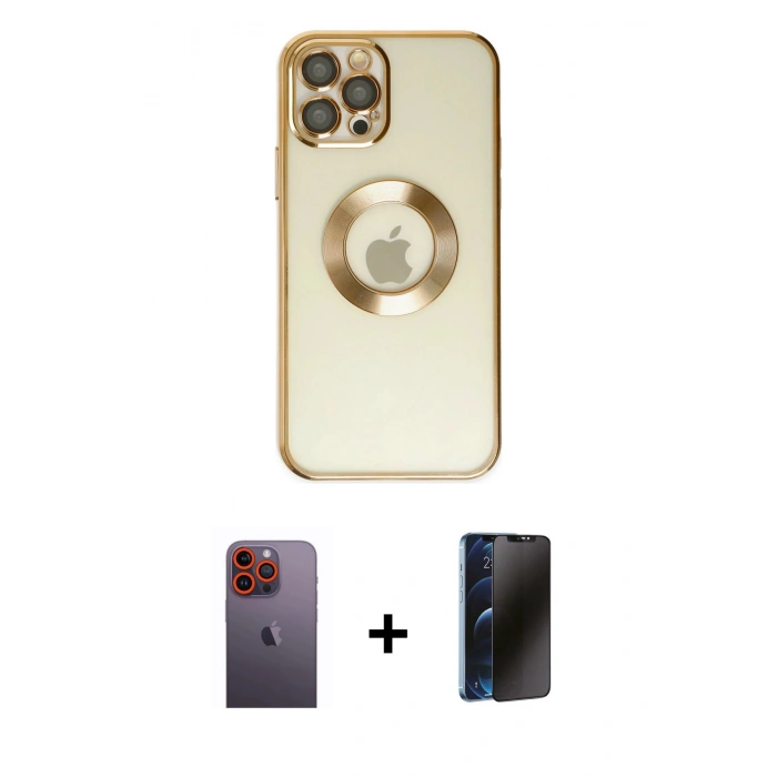 MARSİLYAN™- iPhone 12 Pro Kılıf Pusula Form - Siyah 3D Antistatik Hayalet Cam Ekran Koruyucu + Turuncu Neon Fosforlu Kamera Lens
