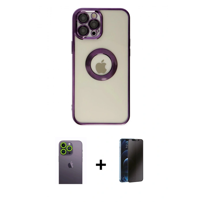 MARSİLYAN™- iPhone 12 Pro Kılıf Pusula Form - Siyah 3D Antistatik Hayalet Cam Ekran Koruyucu + Neon Fosforlu Kamera Lens - YL
