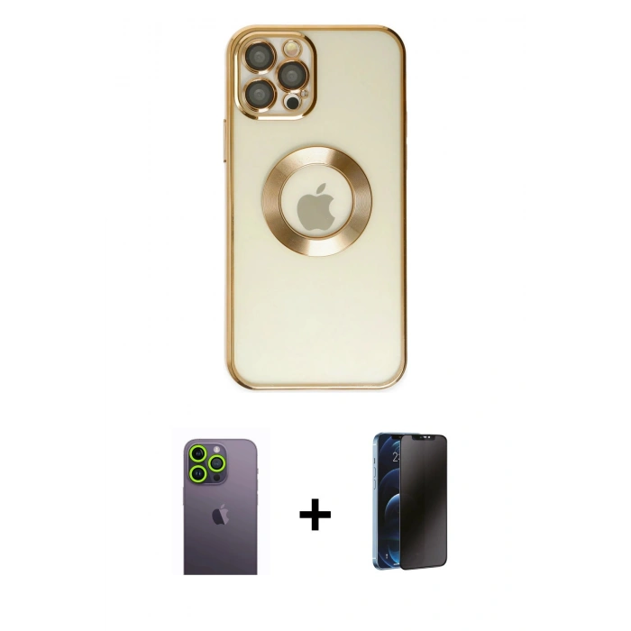 MARSİLYAN™- iPhone 12 Pro Kılıf Pusula Form - Siyah 3D Antistatik Hayalet Cam Ekran Koruyucu + Neon Fosforlu Kamera Lens - YL
