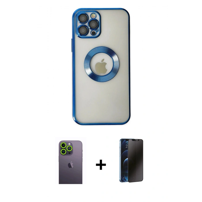 MARSİLYAN™- iPhone 12 Pro Kılıf Pusula Form - Siyah 3D Antistatik Hayalet Cam Ekran Koruyucu + Neon Fosforlu Kamera Lens - YL