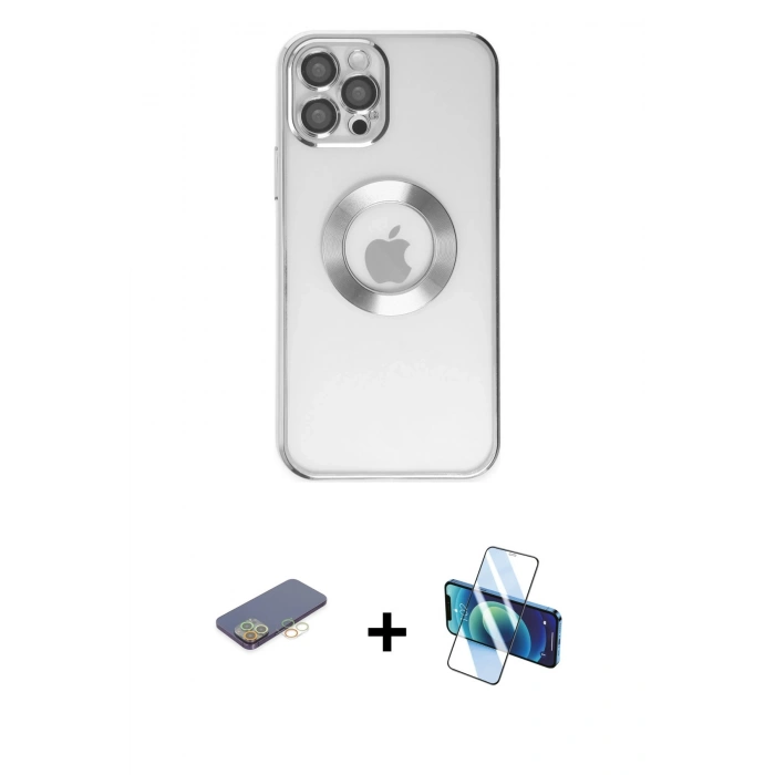 MARSİLYAN™- iPhone 12 Pro Kılıf Pusula Form - Siyah 3D Antistatik Seramik Nano Ekran Koruyucu + Renkli Kamera Lens Koruma Cam - SI