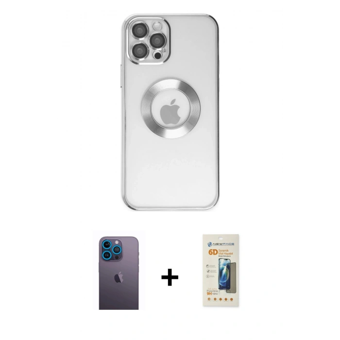 MARSİLYAN™- iPhone 12 Pro Kılıf Pusula Form - Siyah 6D Mat Seramik Hayalet Nano Ekran Koruyucu + Neon Fosforlu Kamera Lens - MI