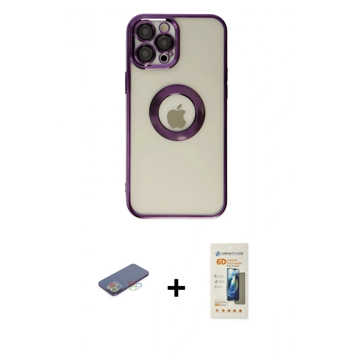 MARSİLYAN™- iPhone 12 Pro Kılıf Pusula Form - Siyah 6D Mat Seramik Hayalet Nano Ekran Koruyucu + Renkli Kamera Lens Koruma Cam - MI