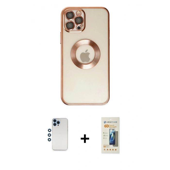 MARSİLYAN™- iPhone 12 Pro Kılıf Pusula Form - Siyah 6D Mat Seramik Hayalet Nano Ekran Koruyucu + Mavi Shine Kamera Lens
