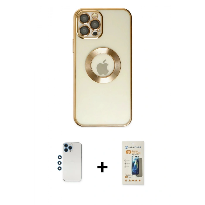 MARSİLYAN™- iPhone 12 Pro Kılıf Pusula Form - Siyah 6D Mat Seramik Hayalet Nano Ekran Koruyucu + Mavi Shine Kamera Lens