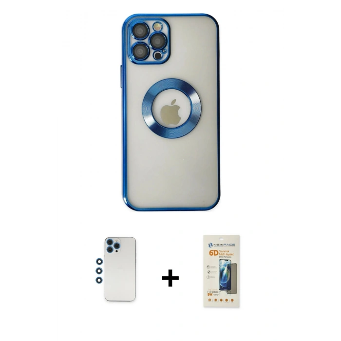 MARSİLYAN™- iPhone 12 Pro Kılıf Pusula Form - Siyah 6D Mat Seramik Hayalet Nano Ekran Koruyucu + Mavi Shine Kamera Lens