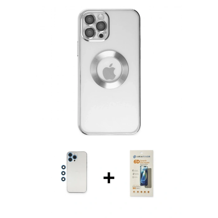 MARSİLYAN™- iPhone 12 Pro Kılıf Pusula Form - Siyah 6D Mat Seramik Hayalet Nano Ekran Koruyucu + Mavi Shine Kamera Lens