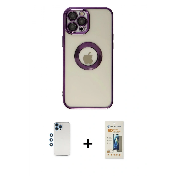 MARSİLYAN™- iPhone 12 Pro Kılıf Pusula Form - Siyah 6D Mat Seramik Hayalet Nano Ekran Koruyucu + Mavi Shine Kamera Lens