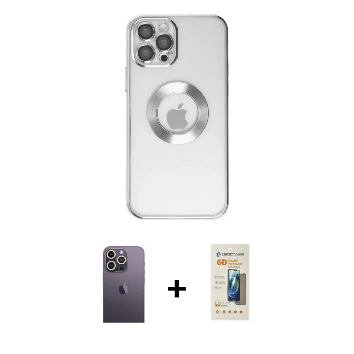 MARSİLYAN™- iPhone 12 Pro Kılıf Pusula Form - Siyah 6D Mat Seramik Hayalet Nano Ekran Koruyucu + Neon Fosforlu Kamera Lens - BZ