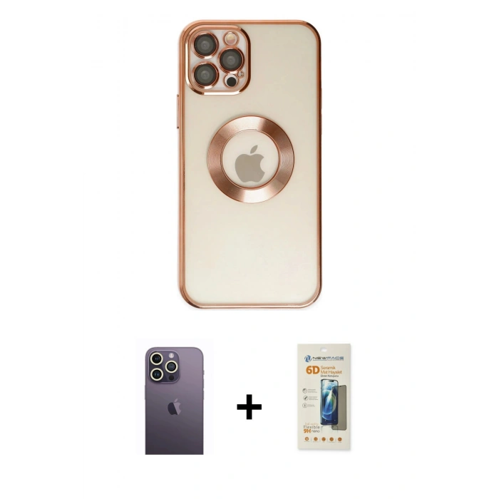 MARSİLYAN™- iPhone 12 Pro Kılıf Pusula Form - Siyah 6D Mat Seramik Hayalet Nano Ekran Koruyucu + Neon Fosforlu Kamera Lens - BZ