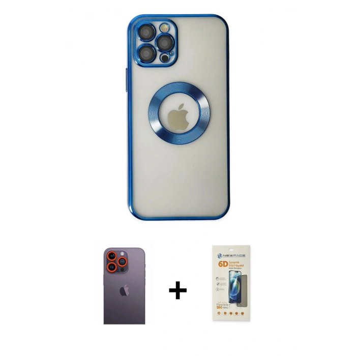 MARSİLYAN™- iPhone 12 Pro Kılıf Pusula Form - Siyah 6D Mat Seramik Hayalet Nano Ekran Koruyucu + Neon Fosforlu Kamera Lens - TU