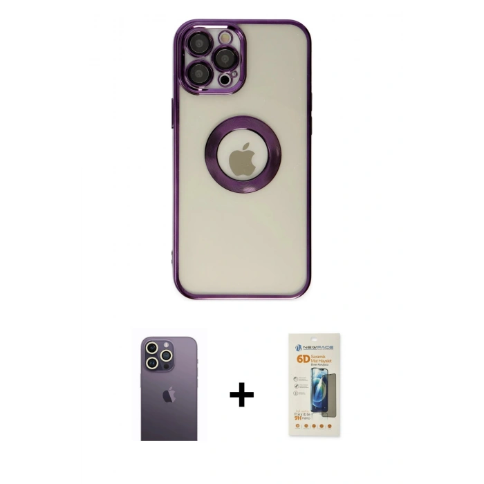 MARSİLYAN™- iPhone 12 Pro Kılıf Pusula Form - Siyah 6D Mat Seramik Hayalet Nano Ekran Koruyucu + Neon Fosforlu Kamera Lens - BZ