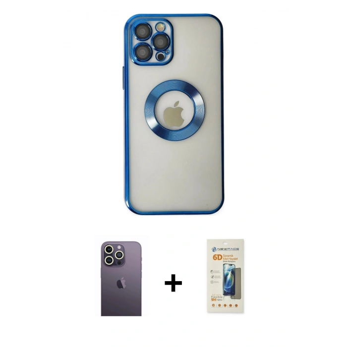 MARSİLYAN™- iPhone 12 Pro Kılıf Pusula Form - Siyah 6D Mat Seramik Hayalet Nano Ekran Koruyucu + Neon Fosforlu Kamera Lens - BZ