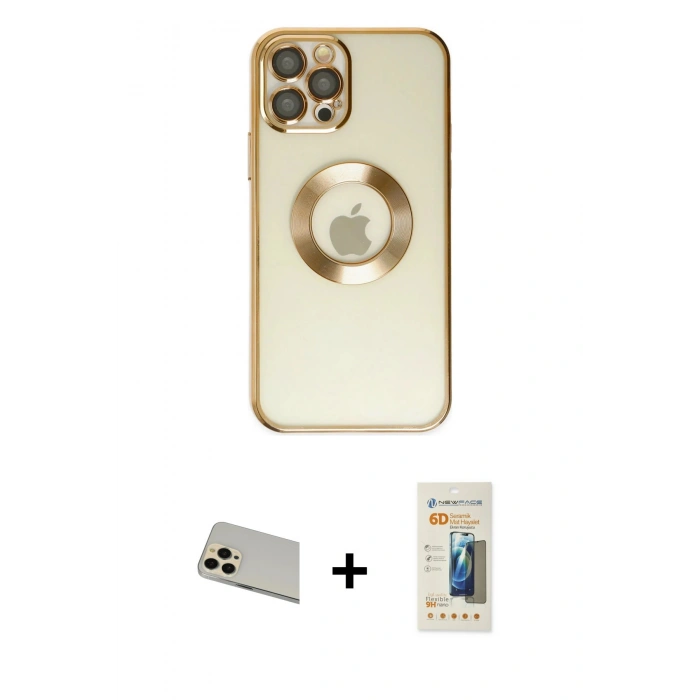 MARSİLYAN™- iPhone 12 Pro Kılıf Pusula Form - Siyah 6D Mat Seramik Hayalet Nano Ekran Koruyucu + Rainbow Kamera Lens Koruma Cam - GD