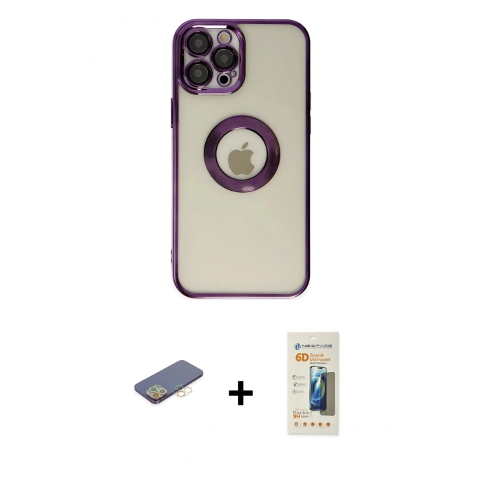 MARSİLYAN™- iPhone 12 Pro Kılıf Pusula Form - Siyah 6D Mat Seramik Hayalet Nano Ekran Koruyucu + Sarı Renkli Kamera Lens Koruma Cam