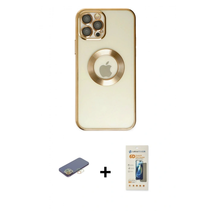 MARSİLYAN™- iPhone 12 Pro Kılıf Pusula Form - Siyah 6D Mat Seramik Hayalet Nano Ekran Koruyucu + Sarı Renkli Kamera Lens Koruma Cam