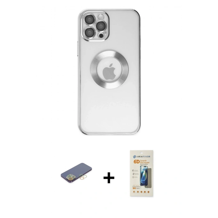 MARSİLYAN™- iPhone 12 Pro Kılıf Pusula Form - Siyah 6D Mat Seramik Hayalet Nano Ekran Koruyucu + Sarı Renkli Kamera Lens Koruma Cam