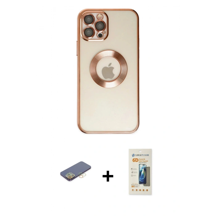 MARSİLYAN™- iPhone 12 Pro Kılıf Pusula Form - Siyah 6D Mat Seramik Hayalet Nano Ekran Koruyucu + Sarı Renkli Kamera Lens Koruma Cam