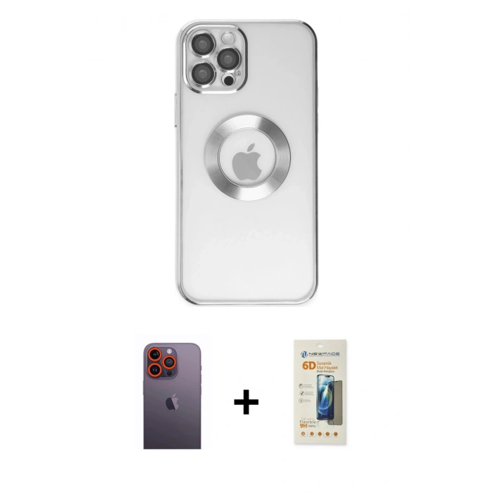 MARSİLYAN™- iPhone 12 Pro Kılıf Pusula Form - Siyah 6D Mat Seramik Hayalet Nano Ekran Koruyucu + Neon Fosforlu Kamera Lens - TU