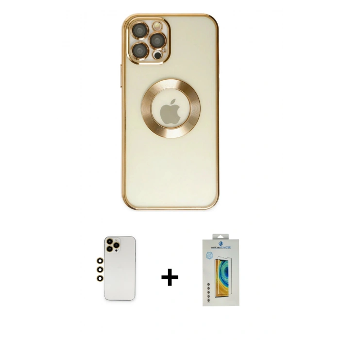MARSİLYAN™- iPhone 12 Pro Kılıf Pusula Form - Siyah Polymer Nano Ekran Koruyucu + Gold Shine Kamera Lens