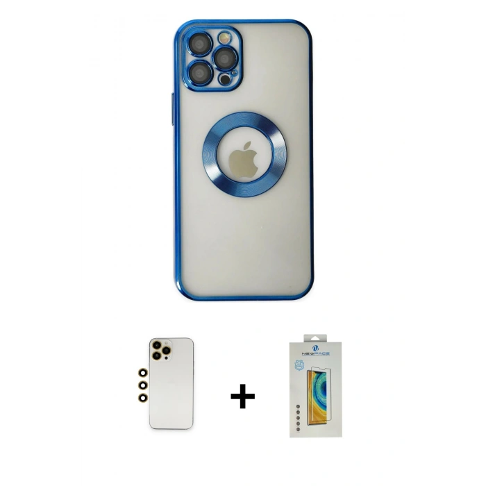 MARSİLYAN™- iPhone 12 Pro Kılıf Pusula Form - Siyah Polymer Nano Ekran Koruyucu + Gold Shine Kamera Lens