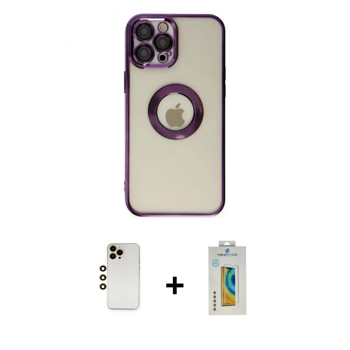 MARSİLYAN™- iPhone 12 Pro Kılıf Pusula Form - Siyah Polymer Nano Ekran Koruyucu + Gold Shine Kamera Lens