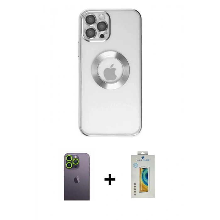 MARSİLYAN™- iPhone 12 Pro Kılıf Pusula Form - Siyah Polymer Nano Ekran Koruyucu + Neon Fosforlu Kamera Lens - YL