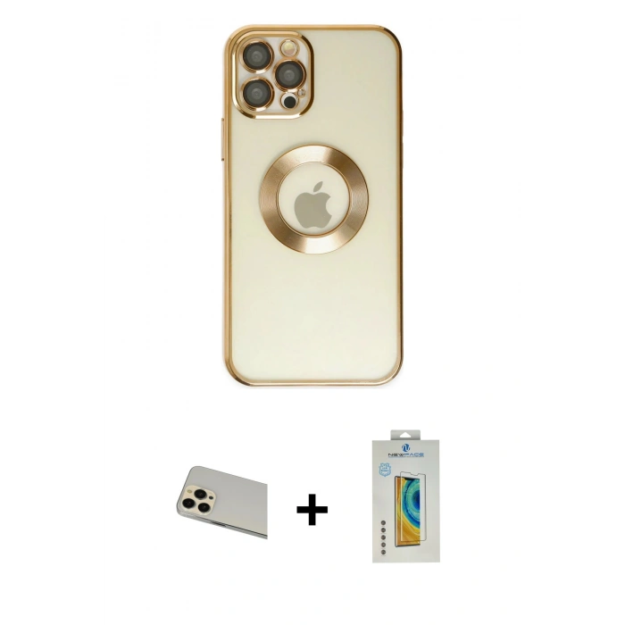 MARSİLYAN™- iPhone 12 Pro Kılıf Pusula Form - Siyah Polymer Nano Ekran Koruyucu + Rainbow Kamera Lens Koruma Cam - GD