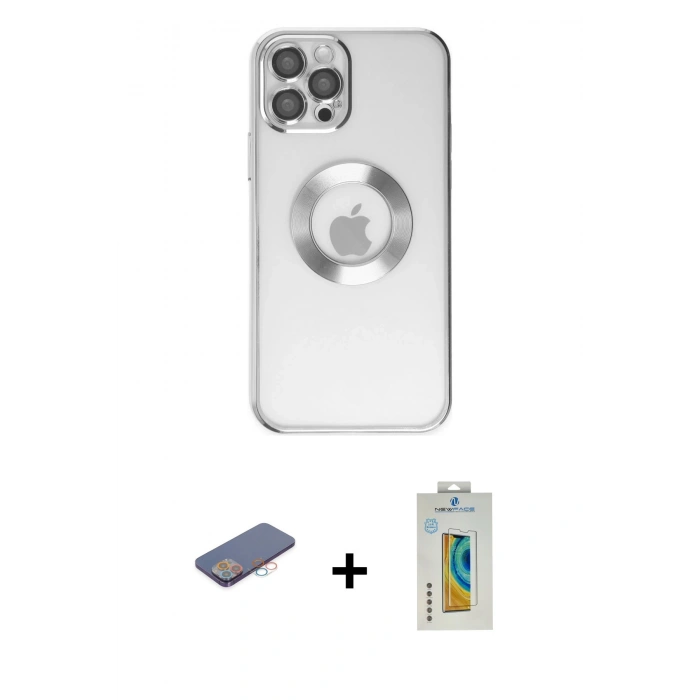MARSİLYAN™- iPhone 12 Pro Kılıf Pusula Form - Siyah Polymer Nano Ekran Koruyucu + Renkli Kamera Lens Koruma Cam - PE