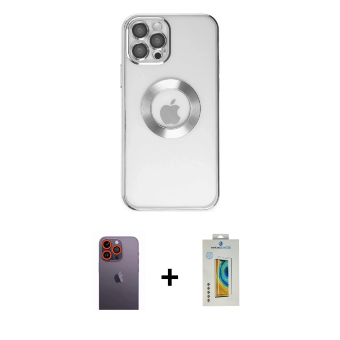 MARSİLYAN™- iPhone 12 Pro Kılıf Pusula Form - Siyah Polymer Nano Ekran Koruyucu + Turuncu Neon Fosforlu Kamera Lens