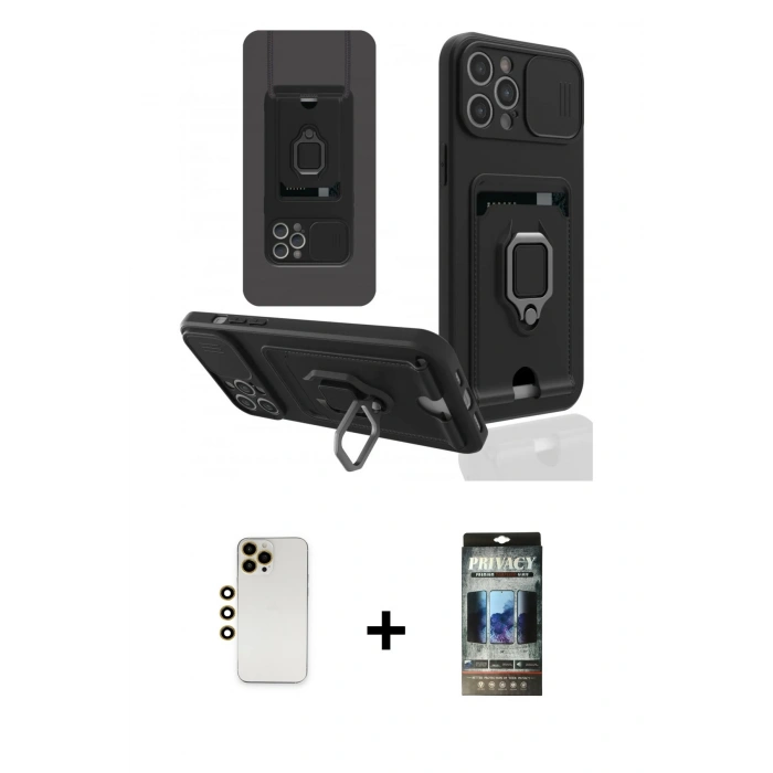MARSİLYAN™- iPhone 12 Pro Kılıf Vadi Form Prime - Siyah 34D Hayalet Izgaralı Cam + Shine Kamera Lens - GD