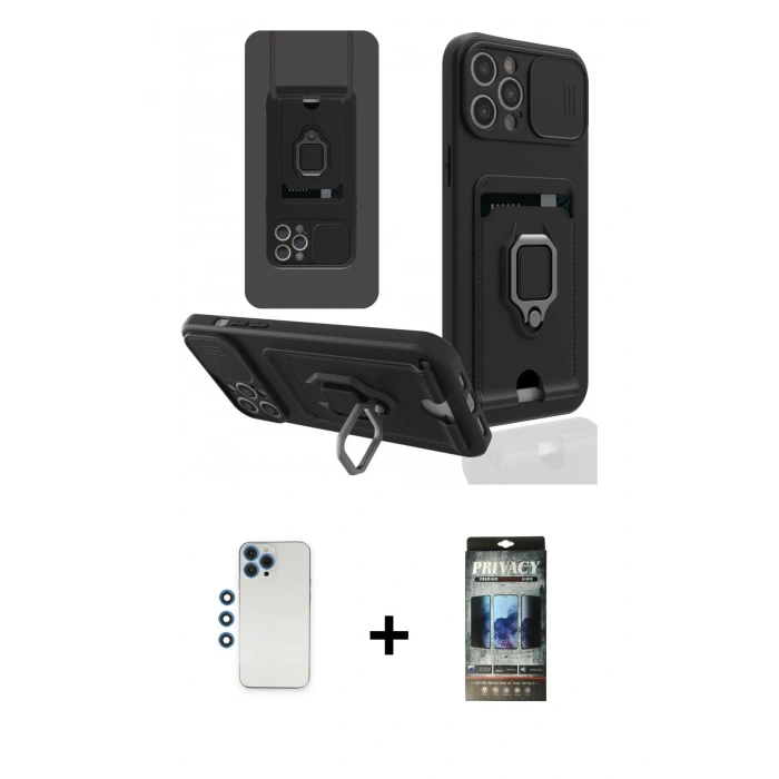 MARSİLYAN™- iPhone 12 Pro Kılıf Vadi Form Prime - Siyah 34D Hayalet Izgaralı Cam + Shine Kamera Lens - MI