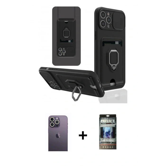 MARSİLYAN™- iPhone 12 Pro Kılıf Vadi Form Prime - Siyah 34D Hayalet Izgaralı Cam + Neon Fosforlu Kamera Lens - BZ