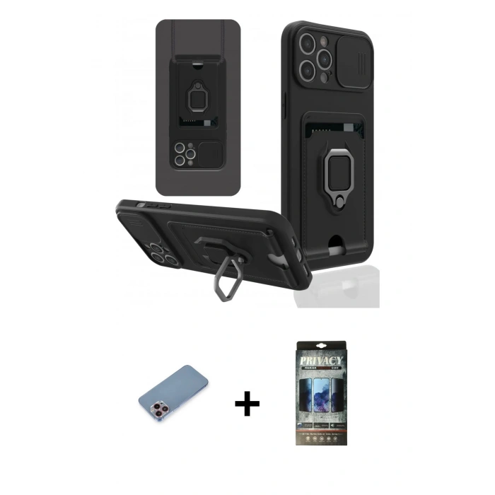 MARSİLYAN™- iPhone 12 Pro Kılıf Vadi Form Prime - Siyah 34D Hayalet Izgaralı Cam + Shine Kamera Lens Koruma Cam - PE